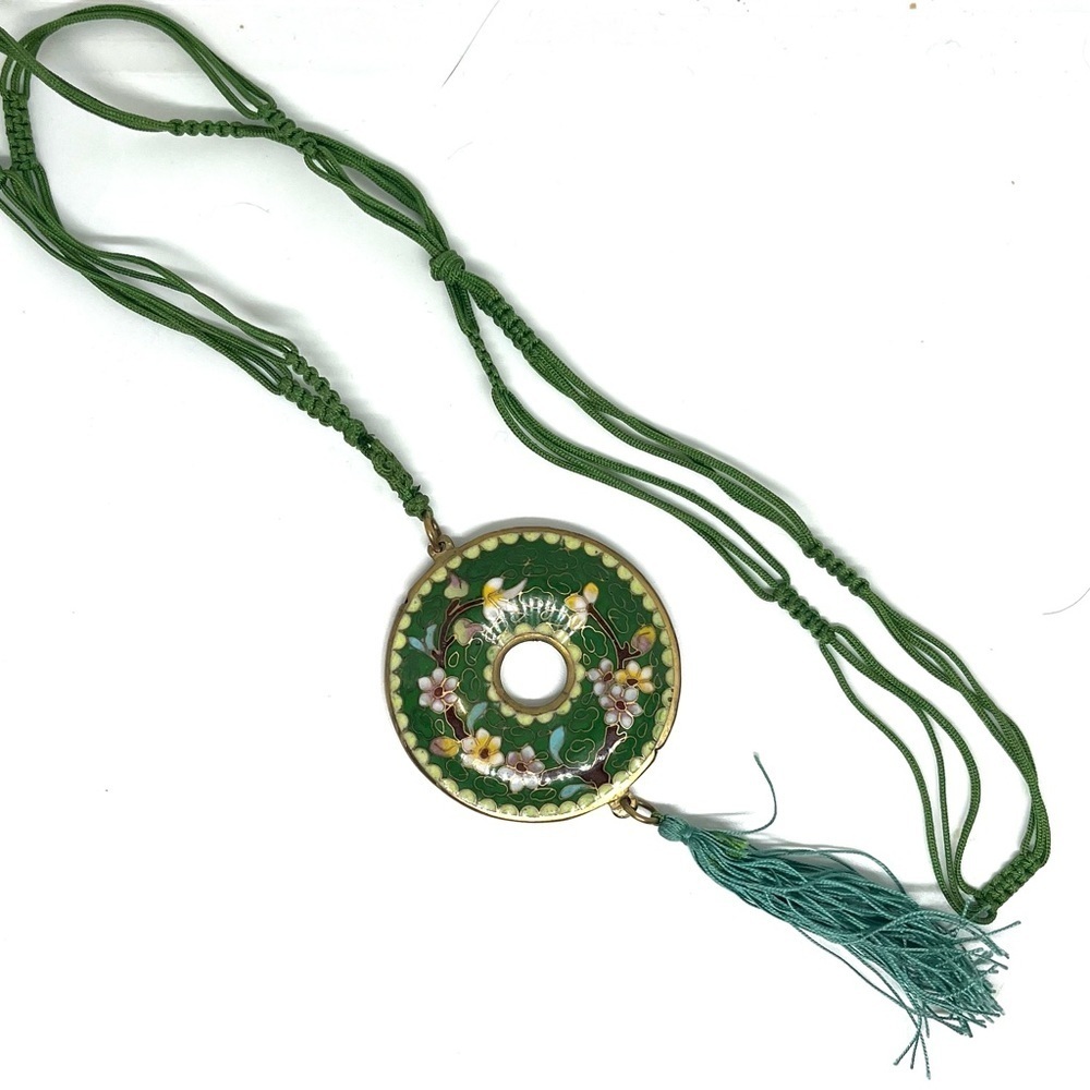 Vintage Green Cloisonné Tassel Necklace